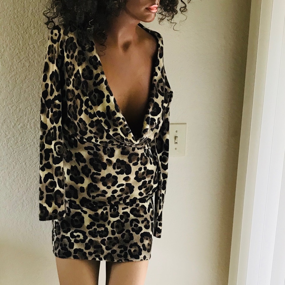Vintage 90’s LEOPARD COWLNECK Mini SWEATER Dress M - Picture 4 of 6